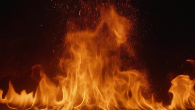 Close-up of Vibrant Orange Flames and Sparks Against a Dark Background fire