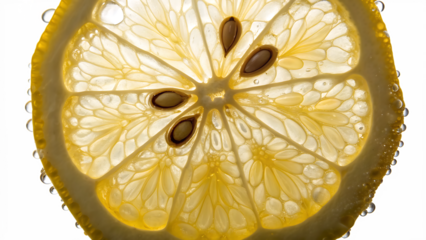 Macro Close-up of Backlit Lemon Slice with Seeds and Water Bubbles