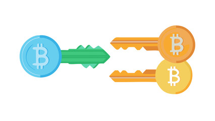 Vector illustration of three different physical keys turning in a single digital lock to release a Bitcoin symbol, representing multi-signature security.