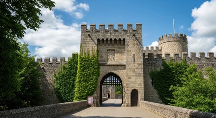 Obraz premium Perspective View of Fortified Stone Citadel Walls with Multiple Square Defensive Towers