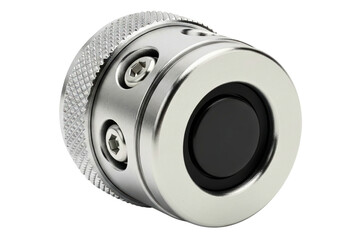 Silver metal industrial control knob with knurled grip texture isolated with transparent background