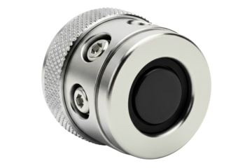 Silver metal industrial control knob with knurled grip texture isolated with transparent background