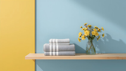 Stack of neatly folded grey striped towels next to a vase of yellow flowers