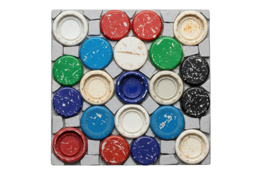 Square mosaic pattern made from colorful round recycled plastic pieces isolated with transparent background - Powered by Adobe