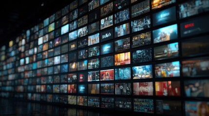 Multiple screens show a range of content in a dark setting during a digital media event. People walk by while viewing different scenes and trailers from films and series.