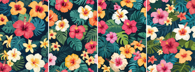 Seamless vector pattern with mixed tropical flowers including hibiscus, plumeria, and monstera leaves, vibrant colors, fresh summer mood