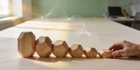 Wooden blocks arranged in descending order on a table