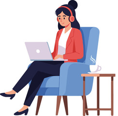 Remote Work From Home Concept with Woman Freelance Digital, Cartoon Illustration