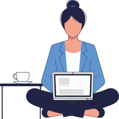 Remote Work From Home Concept with Woman Freelance Digital, Cartoon Illustration