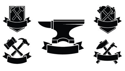 A set of black and white icons featuring tools and an anvil on a white background