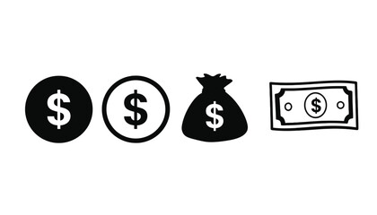A set of black and white icons representing different forms of money and currency