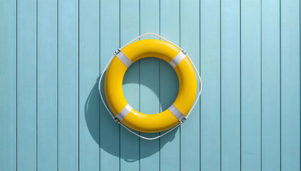 Bright yellow life preserver ring hanging on a blue wooden wall