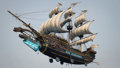 Majestic Flying Pirate Ship Soaring Through Sky.