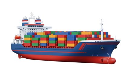 Large Blue and Red Cargo Ship Loaded with Colorful Containers