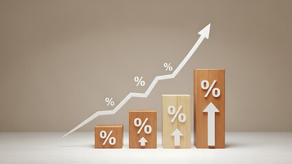 Increasing growth rate chart with percentage signs on wooden blocks
