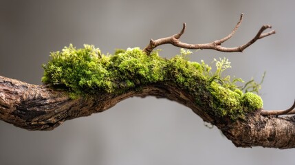 Green moss covers a curved branch with thin twigs. The branch sits against a soft muted background. Natural light highlights the texture of the moss and wood.