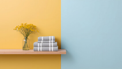 Cozy home decor with yellow flowers and stacked towels on a shelf