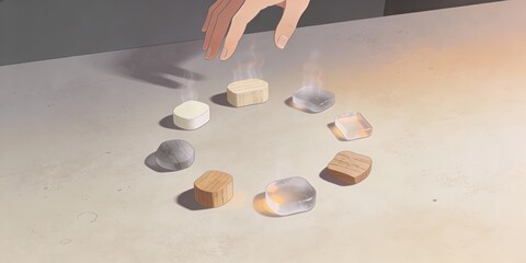 Hand selecting temperature changing blocks on a table