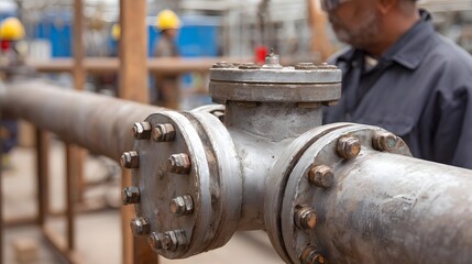 Close up of industrial steel pipes with bolted flanges set against a blurred construction or manufacturing plant background