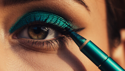 Close up vibrant teal eye makeup application with mascara.