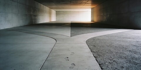 Abandoned modern concrete tunnel with footprints leading to bright exit
