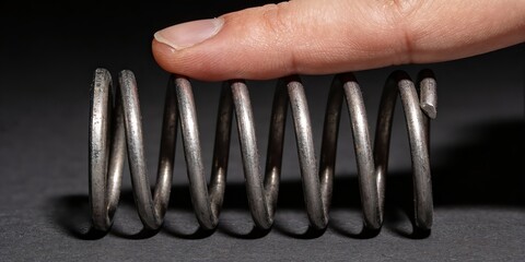 Close-up of hand holding metal coil spring
