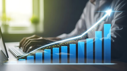 Businessman analyzing growing graph on laptop in modern office setting with increasing trend