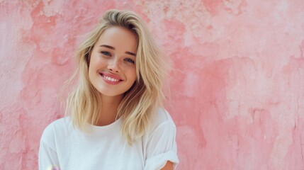 A young person smiles while standing in front of a pink wall. The person wears a simple white shirt and has blonde hair. Bright light adds warmth to the scene.