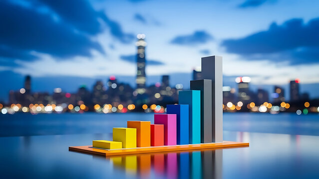 Colorful 3d bar graph on water with city skyline at dusk background - Powered by Adobe