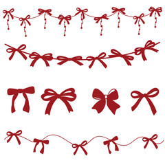 Red ribbon bows collection with various classic bow shapes. Decorative festive bow elements isolated on transparent background for gift wrapping, invitations, scrapbooking, branding, and holiday