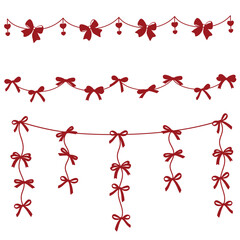 Red bow garlands set with ribbon bows, hanging strings, and decorative swags. Elegant festive elements isolated on transparent background for Christmas decor, invitations, banners