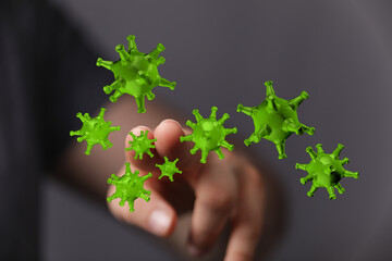 Hand touching viral cells, medical concept of the virus, global pandemic and disease spread. Protection, preve
