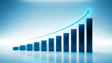 Blue bar graph with upward trending arrow on gradient background