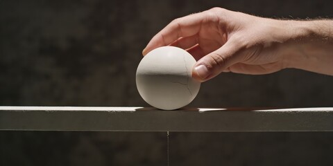 Hand holding cracked egg over edge of table with dark background
