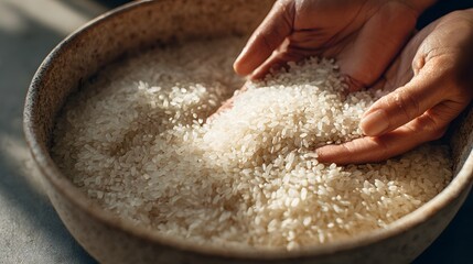 Organizing Freshly Washed Rice Grains in a Ceramic Bowl During Food Preparation