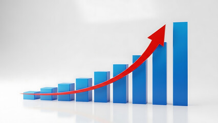 3d bar graph with red arrow showing growth trend upwards on white background