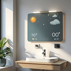 smart mirror in modern bathroom showing weather and temperature for smart home blogs, interior design websites, tech brochures, lifestyle presentations, and futuristic housing awareness