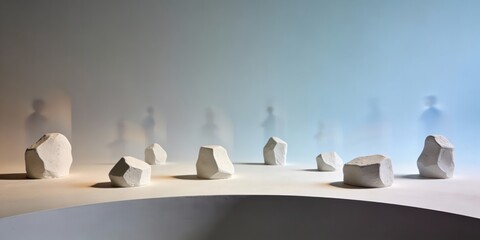 White stones on modern minimalist table with shadows on wall