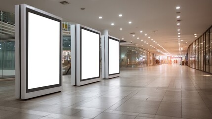 Blank advertising boards line a modern shopping center corridor. Soft lights illuminate the space while people walk past. The scene shows a busy indoor area after sunset.