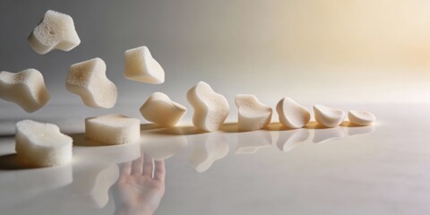 Sugar cubes falling in a line on reflective surface