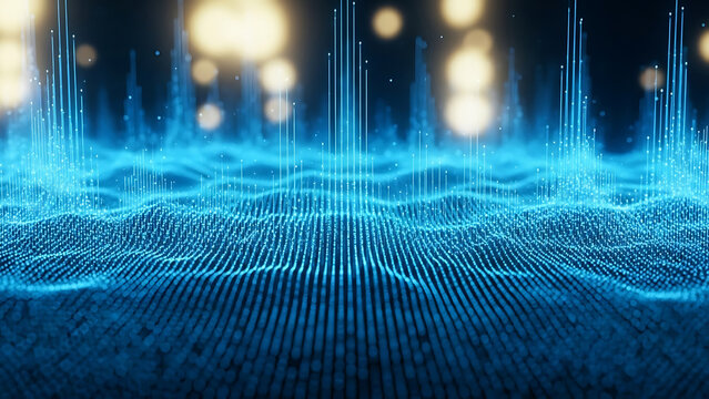 Futuristic blue digital waveform with glowing lines and blurred lights background - Powered by Adobe