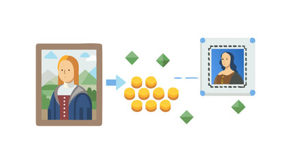 An expensive classic painting in a gallery with a digital grid overlaying it, showing it divided into small tradable tokens, NFT art concept