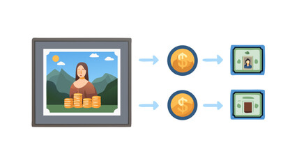 An expensive classic painting in a gallery with a digital grid overlaying it, showing it divided into small tradable tokens, NFT art concept