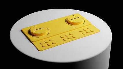 Yellow remote control with two dials and multiple buttons on a white surface