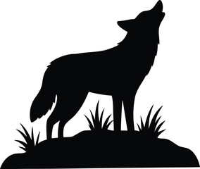 Majestic wild wolf howling silhouette standing proudly on a small hill surrounded by grass