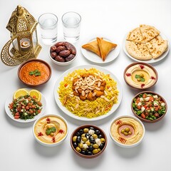 A traditional Ramadan Iftar feast featuring yellow rice, hummus, and samosas accompanied by decorative golden Islamic lanterns and ornaments.