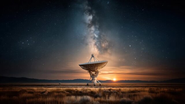 A radio telescope in the very large data bank wide field with stars and comets overhead at night. 