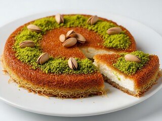 Freshly baked Middle Eastern Knafeh featuring a crispy golden crust and cream layers garnished with vibrant green pistachios.