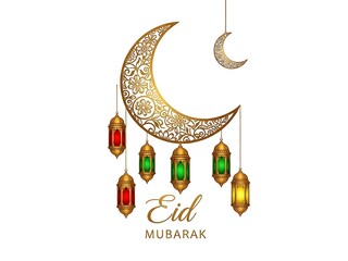 Festive Eid greeting design highlighting a large filigree moon and six colorful hanging lanterns for a religious community celebration.