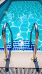 Sparkling swimming pool with clear blue water and shiny metal handrails leading into water creates refreshing and inviting atmosphere